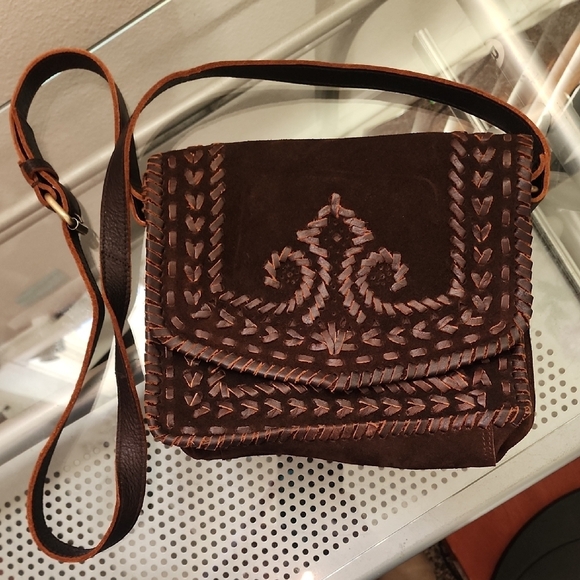 Anabaglish Handbags - Anabaglish Brown Suede Hand-Stitched Leather Crossbody Bag